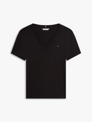 black ribbed slim v-neck t-shirt for women tommy hilfiger
