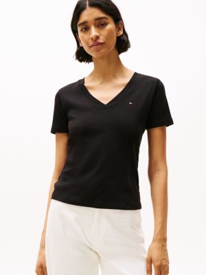 t-shirt slim fit con scollatura a v black da donne tommy hilfiger