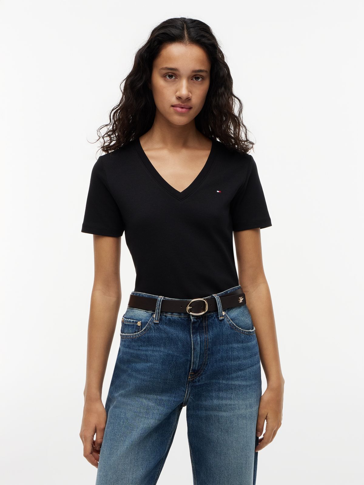 Flag Embroidery Slim V-Neck T-Shirt — Black