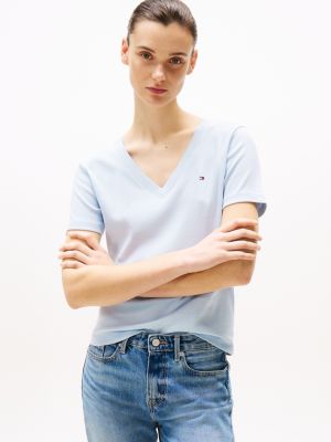 blue slim fit t-shirt met v-hals voor dames - tommy hilfiger