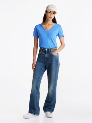 blau slim fit t-shirt mit v-ausschnitt für damen - tommy hilfiger