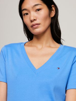 blau slim fit t-shirt mit v-ausschnitt für damen - tommy hilfiger