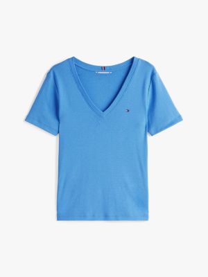 t-shirt ajusté à col en v bleu pour femmes tommy hilfiger