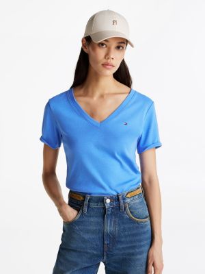 blauw slim fit t-shirt met v-hals voor dames - tommy hilfiger