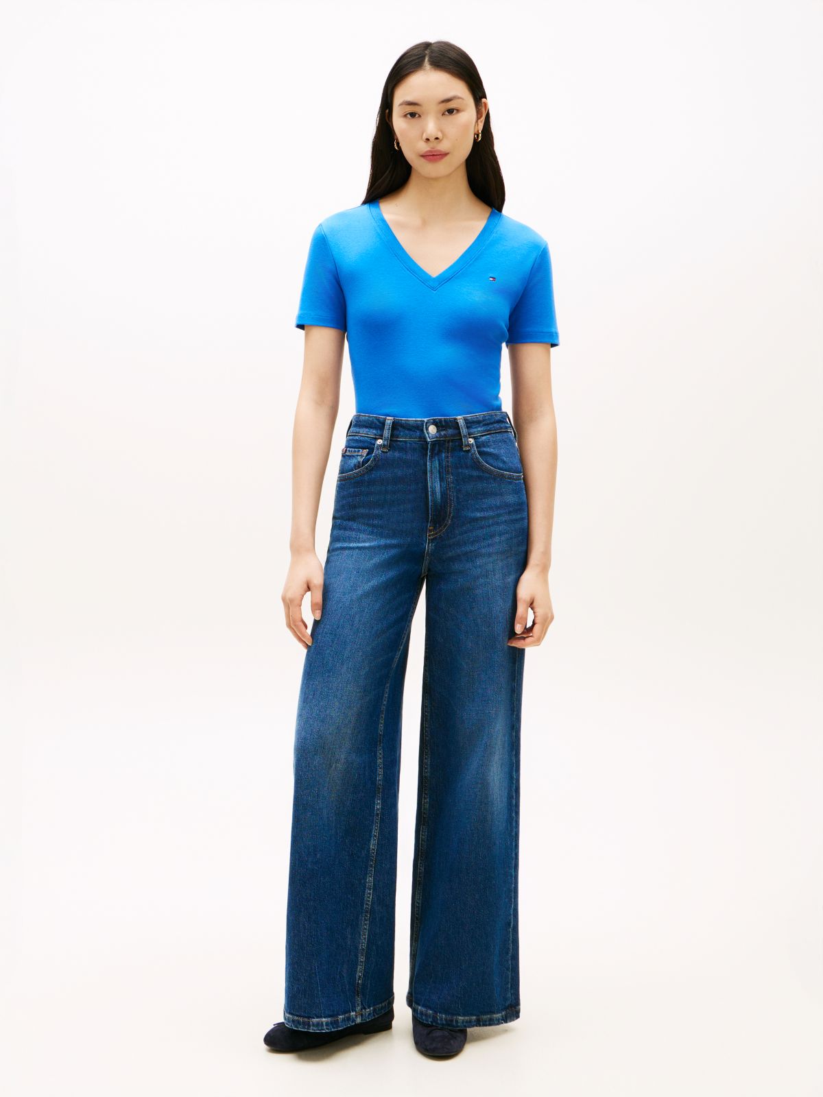 Flag Embroidery Slim V-Neck T-Shirt — Blue