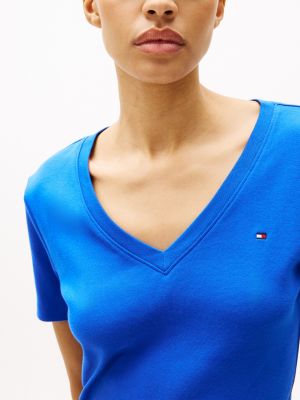 t-shirt ajusté à col en v bleu pour femmes tommy hilfiger