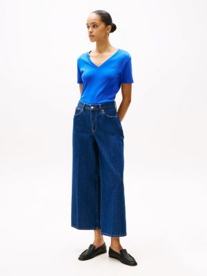 t-shirt ajusté à col en v bleu pour femmes tommy hilfiger