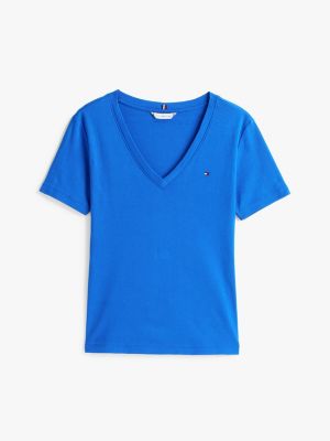 t-shirt ajusté à col en v bleu pour femmes tommy hilfiger