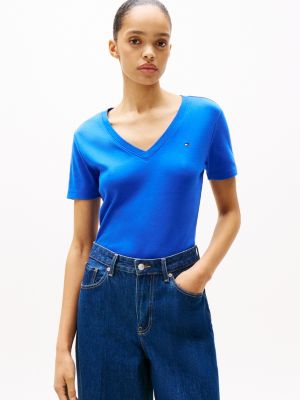 t-shirt ajusté à col en v bleu pour femmes tommy hilfiger