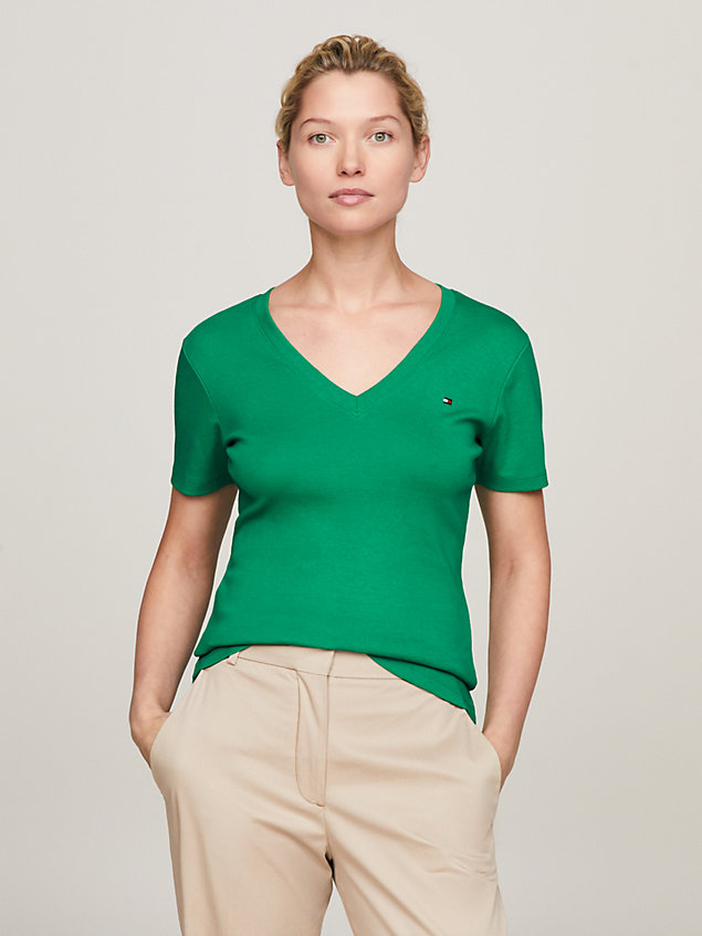 green slim fit gestreept t-shirt met v-hals voor dames - tommy hilfiger