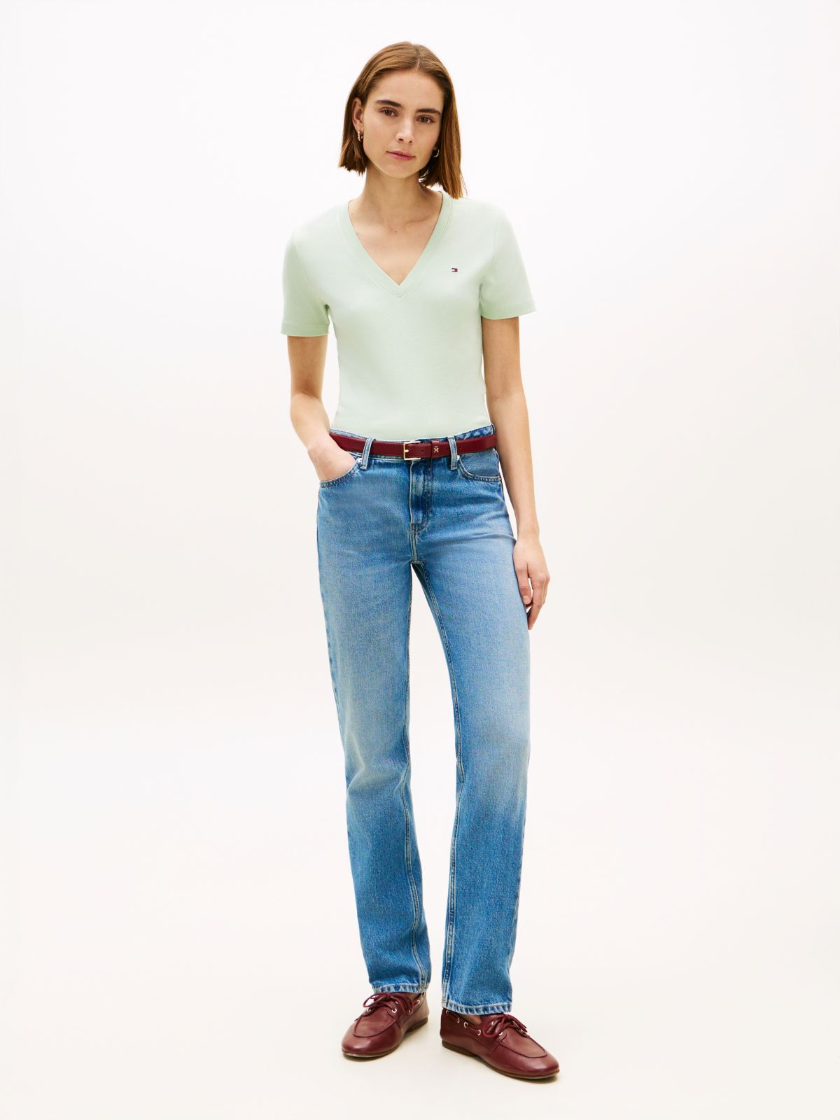 Flag Embroidery Slim V-Neck T-Shirt — Green