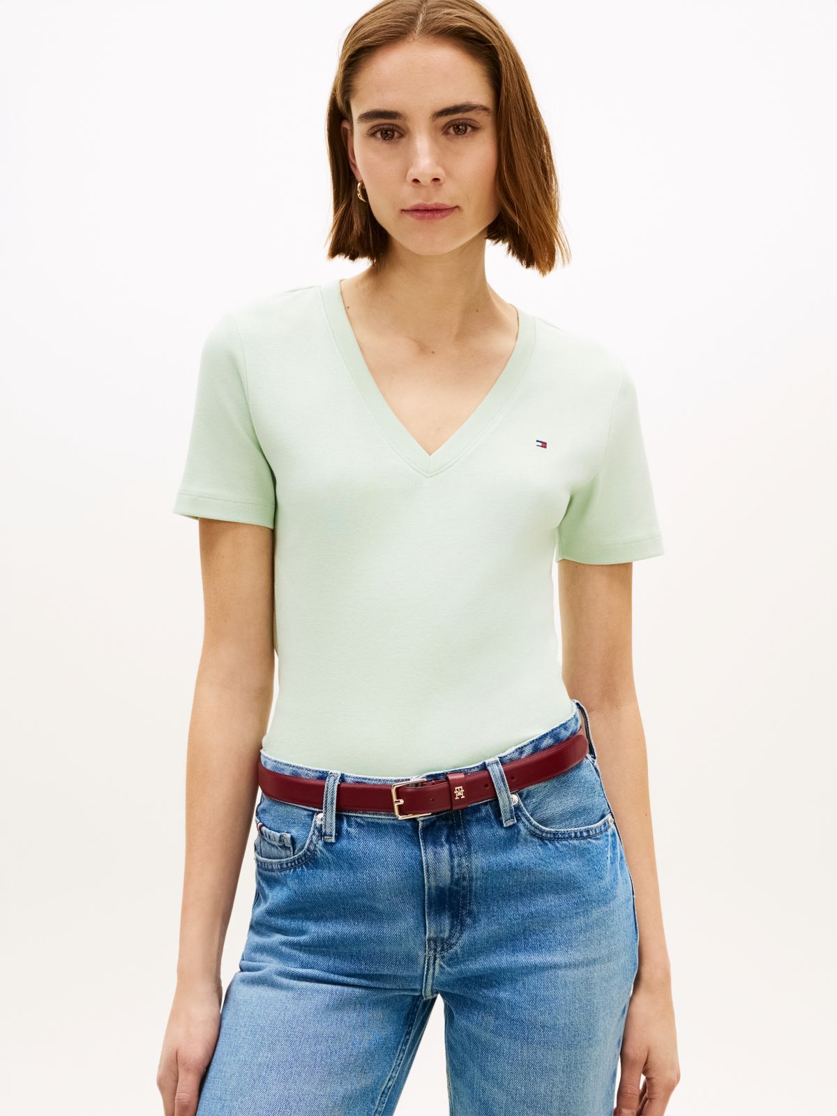 Flag Embroidery Slim V-Neck T-Shirt — Green