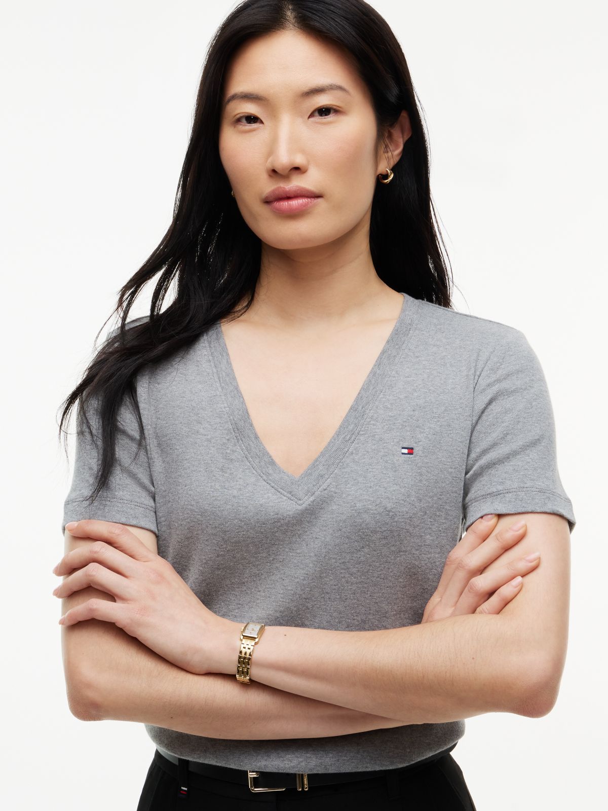 Flag Embroidery Slim V-Neck T-Shirt — Grey