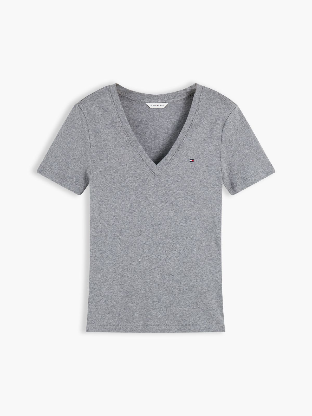 Flag Embroidery Slim V-Neck T-Shirt — Grey