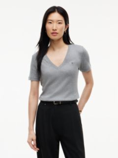Flag Embroidery Slim V-Neck T-Shirt — Grey 1