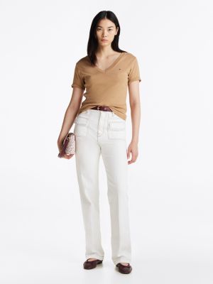 t-shirt slim fit con scollatura a v marrone da donne tommy hilfiger