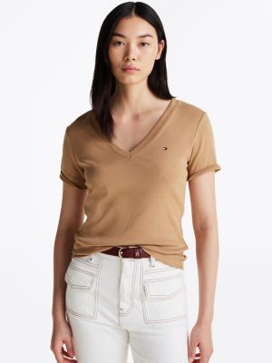 brown slim fit t-shirt met v-hals voor dames - tommy hilfiger