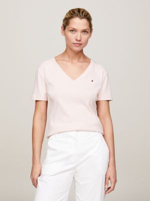 t-shirt slim fit con scollatura a v e logo pink da donne tommy hilfiger