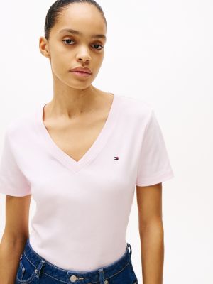 rosa slim fit t-shirt mit v-ausschnitt für damen - tommy hilfiger