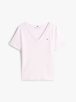 rosa slim fit t-shirt mit v-ausschnitt für damen - tommy hilfiger