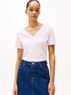 t-shirt ajusté à col en v pink pour femmes tommy hilfiger