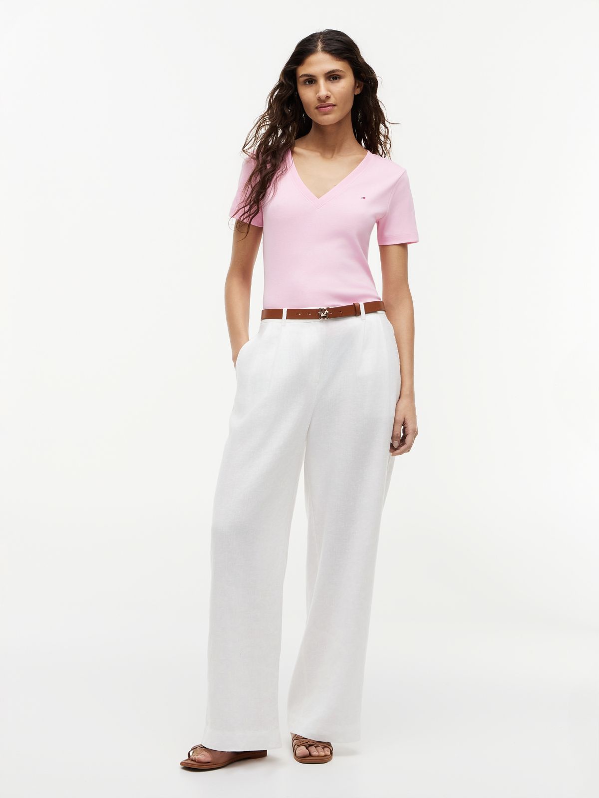 Flag Embroidery Slim V-Neck T-Shirt — Pink