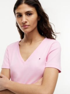 Flag Embroidery Slim V-Neck T-Shirt — Pink 3