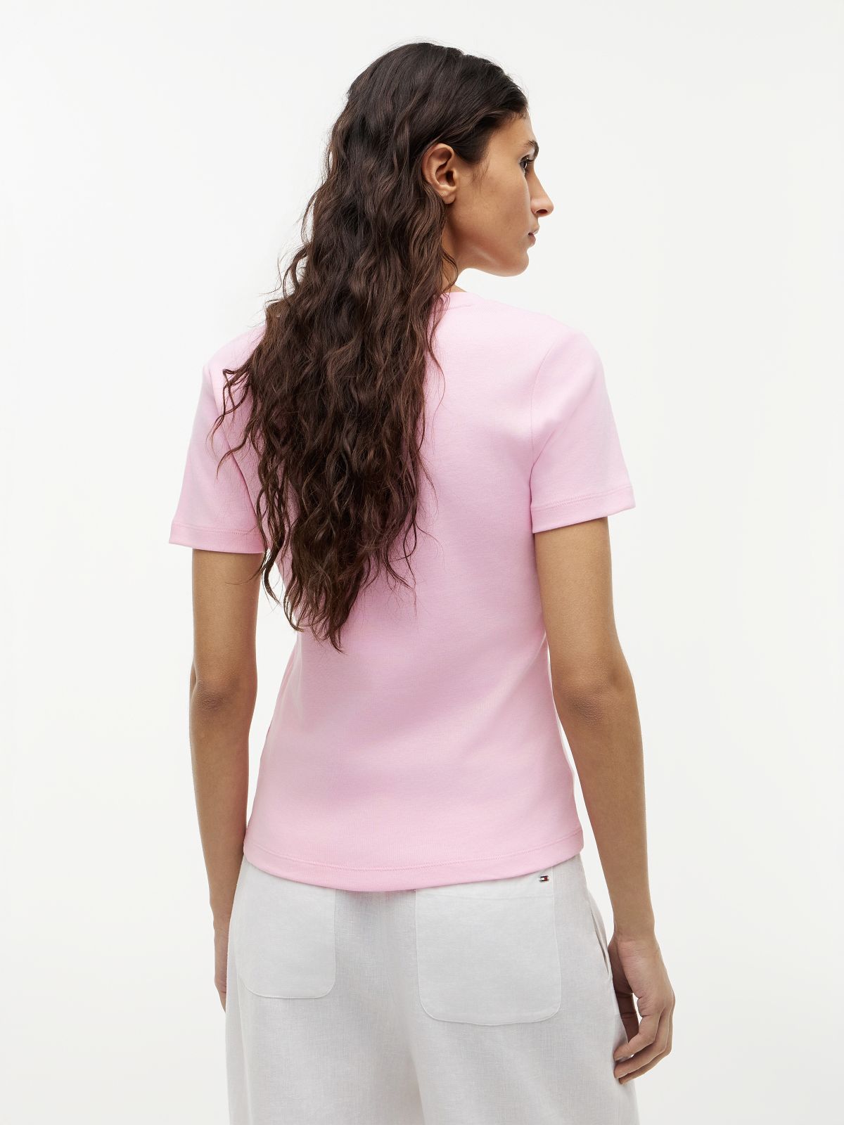Flag Embroidery Slim V-Neck T-Shirt — Pink