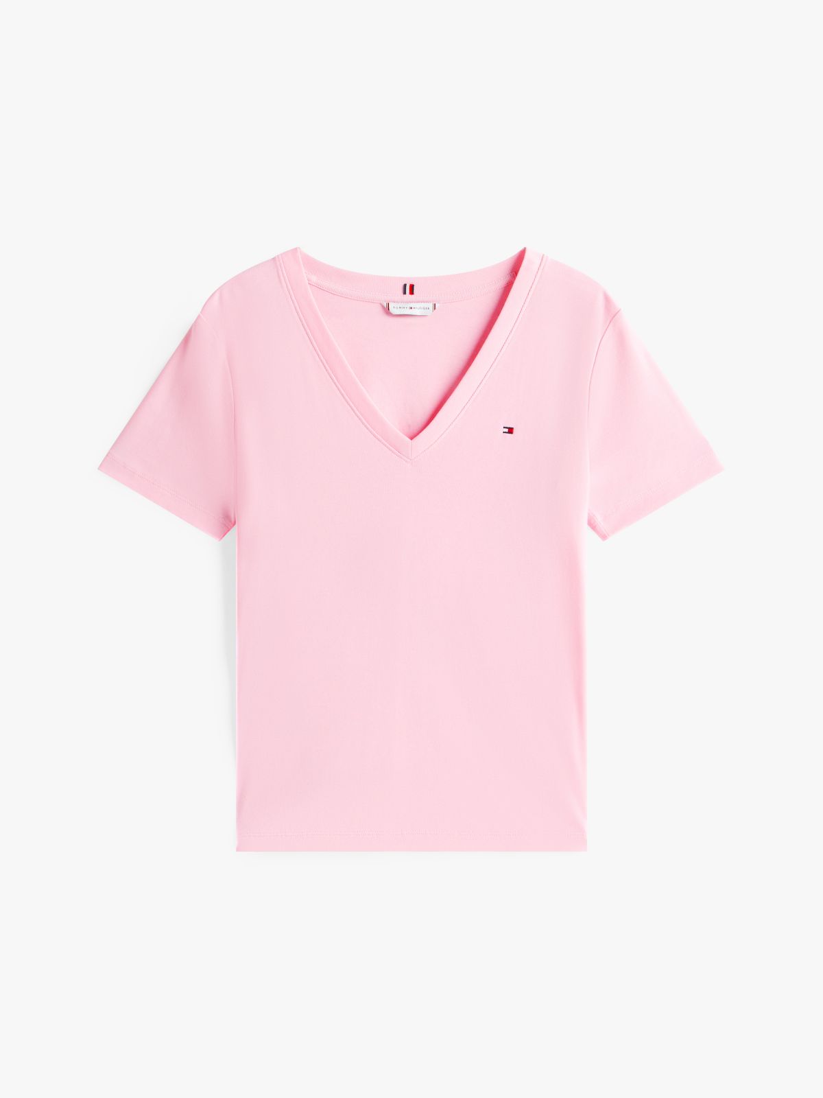 Flag Embroidery Slim V-Neck T-Shirt — Pink