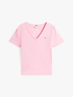 Flag Embroidery Slim V-Neck T-Shirt — Pink 5