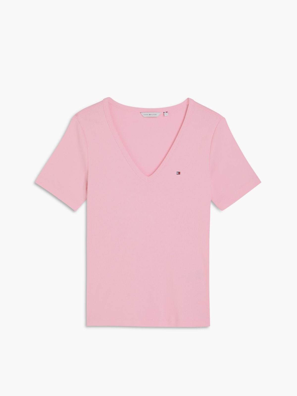 Flag Embroidery Slim V-Neck T-Shirt — Pink