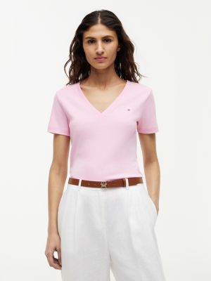 pink flag embroidery slim v-neck t-shirt for women tommy hilfiger