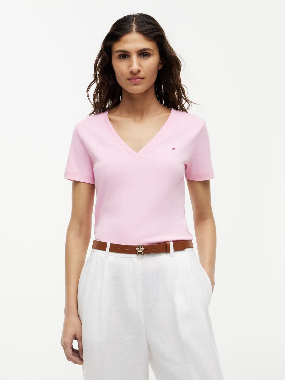 Flag Embroidery Slim V-Neck T-Shirt — Pink