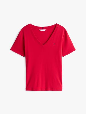 t-shirt ajusté à col en v rouge pour femmes tommy hilfiger