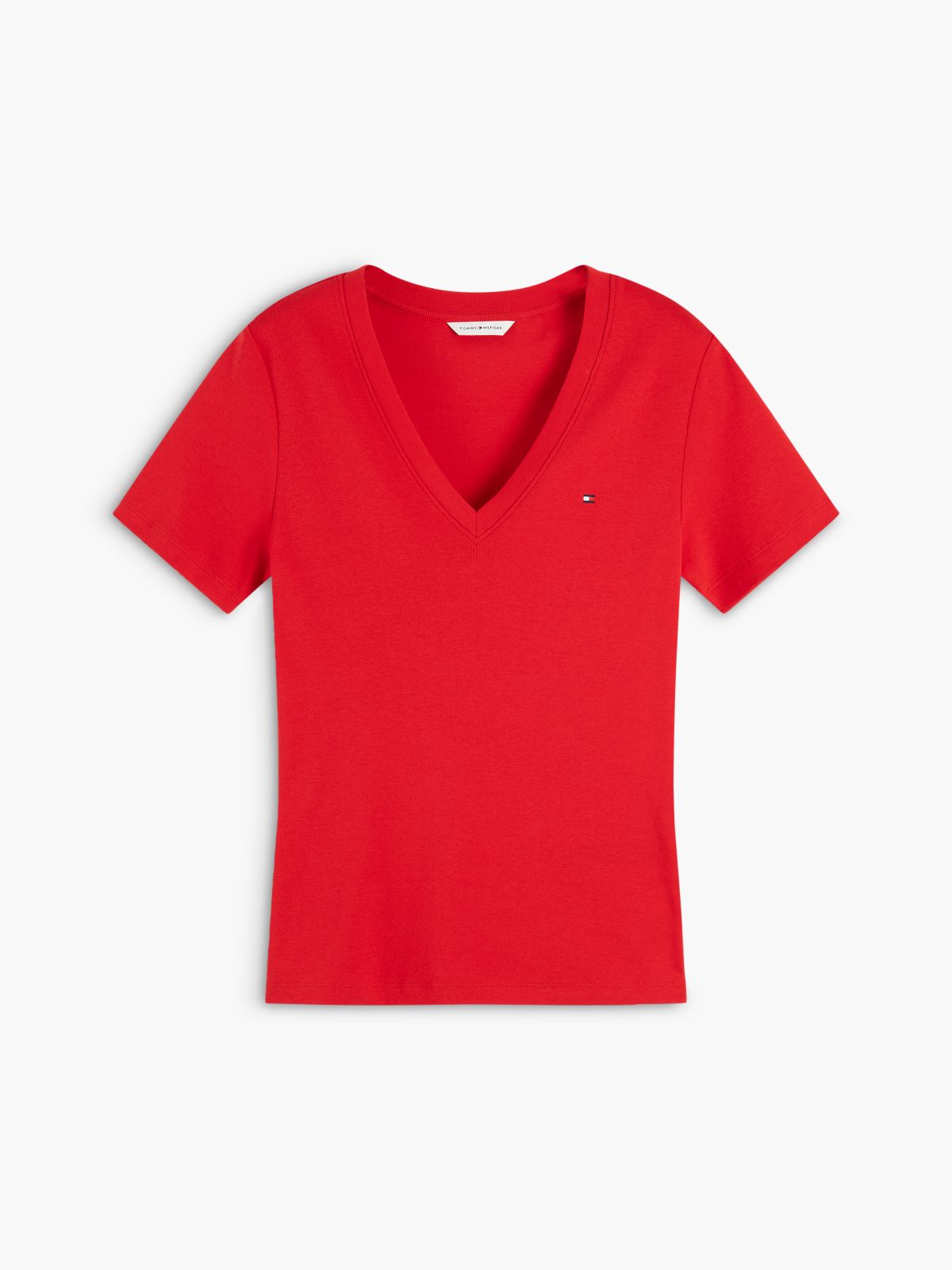 Flag Embroidery Slim V-Neck T-Shirt — Red