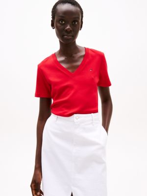 red v-neck slim t-shirt for women tommy hilfiger