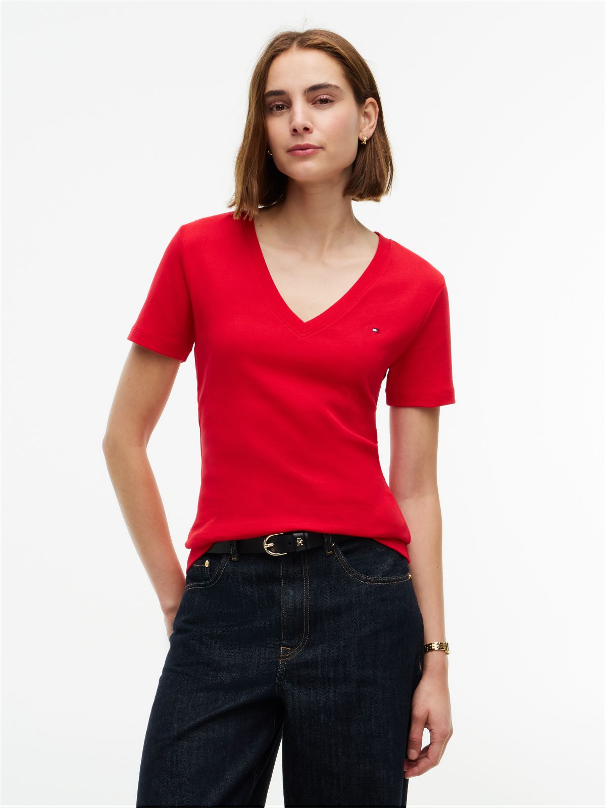 Flag Embroidery Slim V-Neck T-Shirt — Red