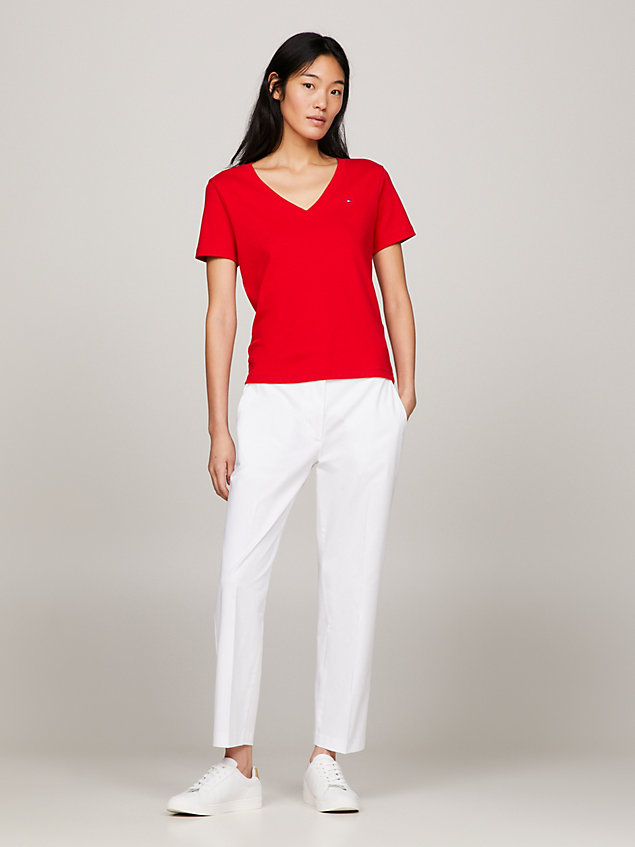red ribbed v-neck slim fit t-shirt for women tommy hilfiger