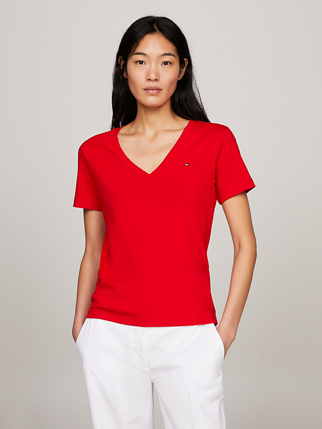red gestreiftes slim fit t-shirt mit v-ausschnitt für damen - tommy hilfiger