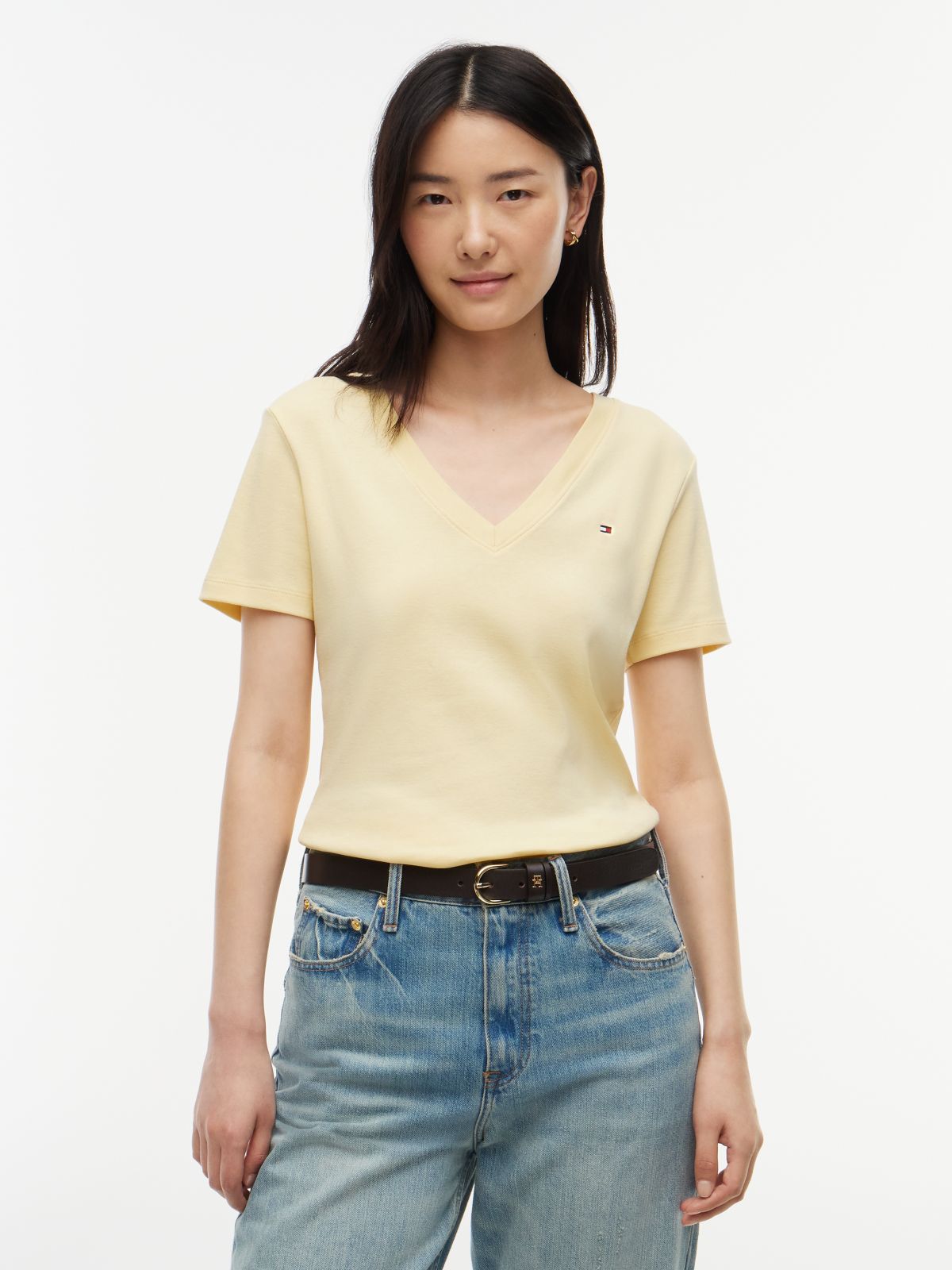 Flag Embroidery Slim V-Neck T-Shirt — Yellow