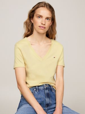 t-shirt ajusté à col en v jaune pour femmes tommy hilfiger