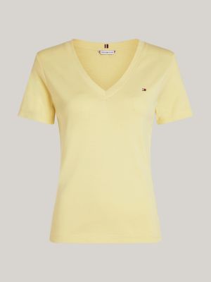 t-shirt ajusté à col en v jaune pour femmes tommy hilfiger