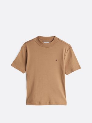t-shirt ajusté à col cheminée marron pour femmes tommy hilfiger