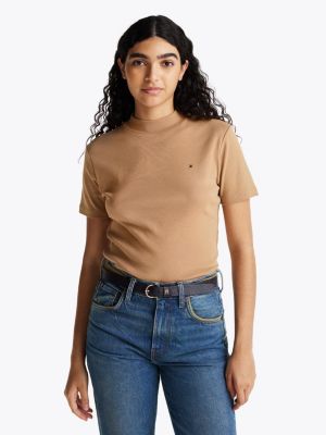 brown mock turtleneck slim t-shirt for women tommy hilfiger