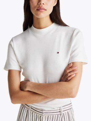 wit slim fit t-shirt met opstaande hals voor dames - tommy hilfiger