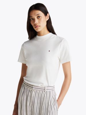 weiß slim fit t-shirt mit mock-rollkragen für damen - tommy hilfiger