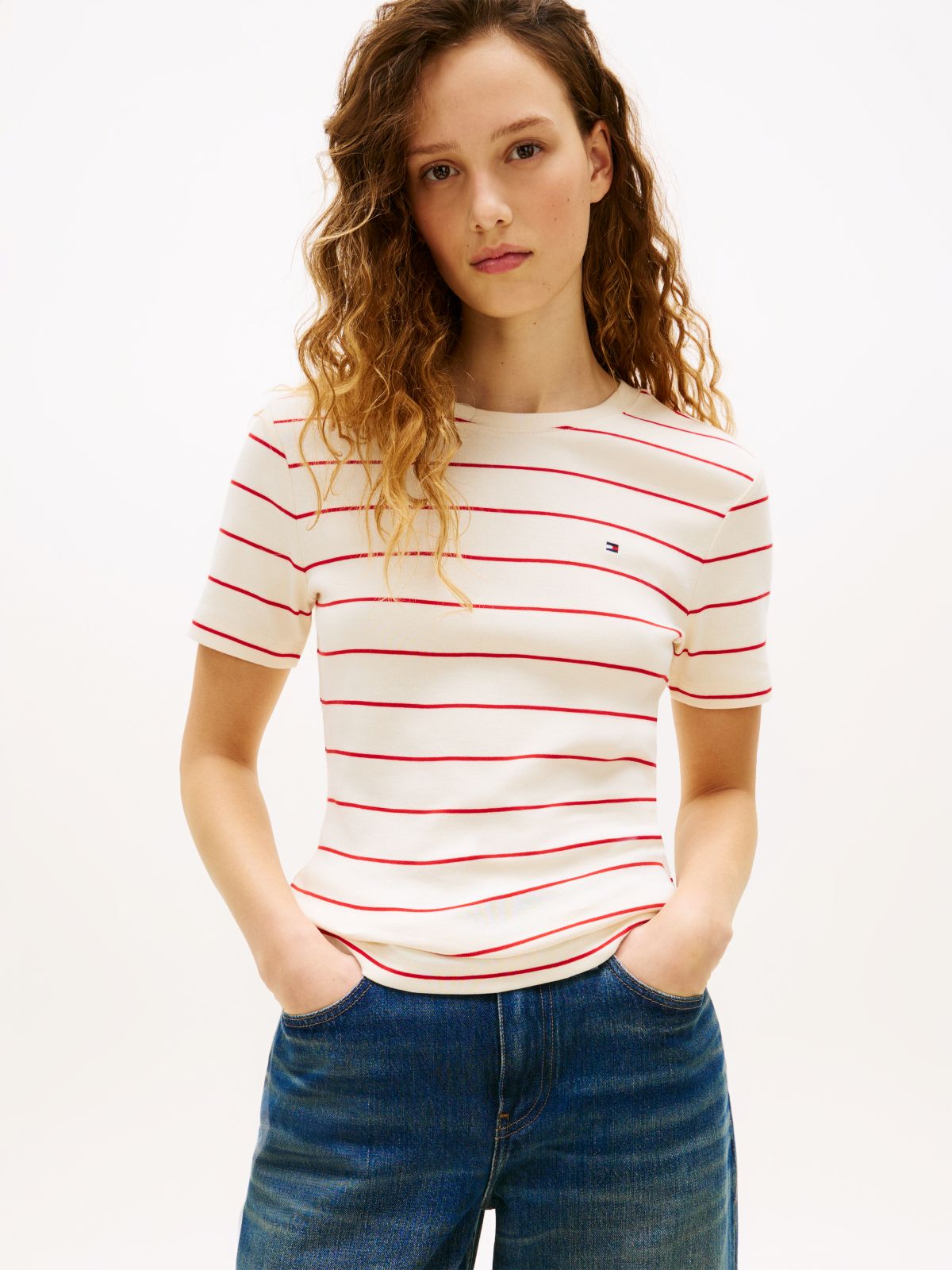 Flag Embroidery Slim Crew Neck T-Shirt — White