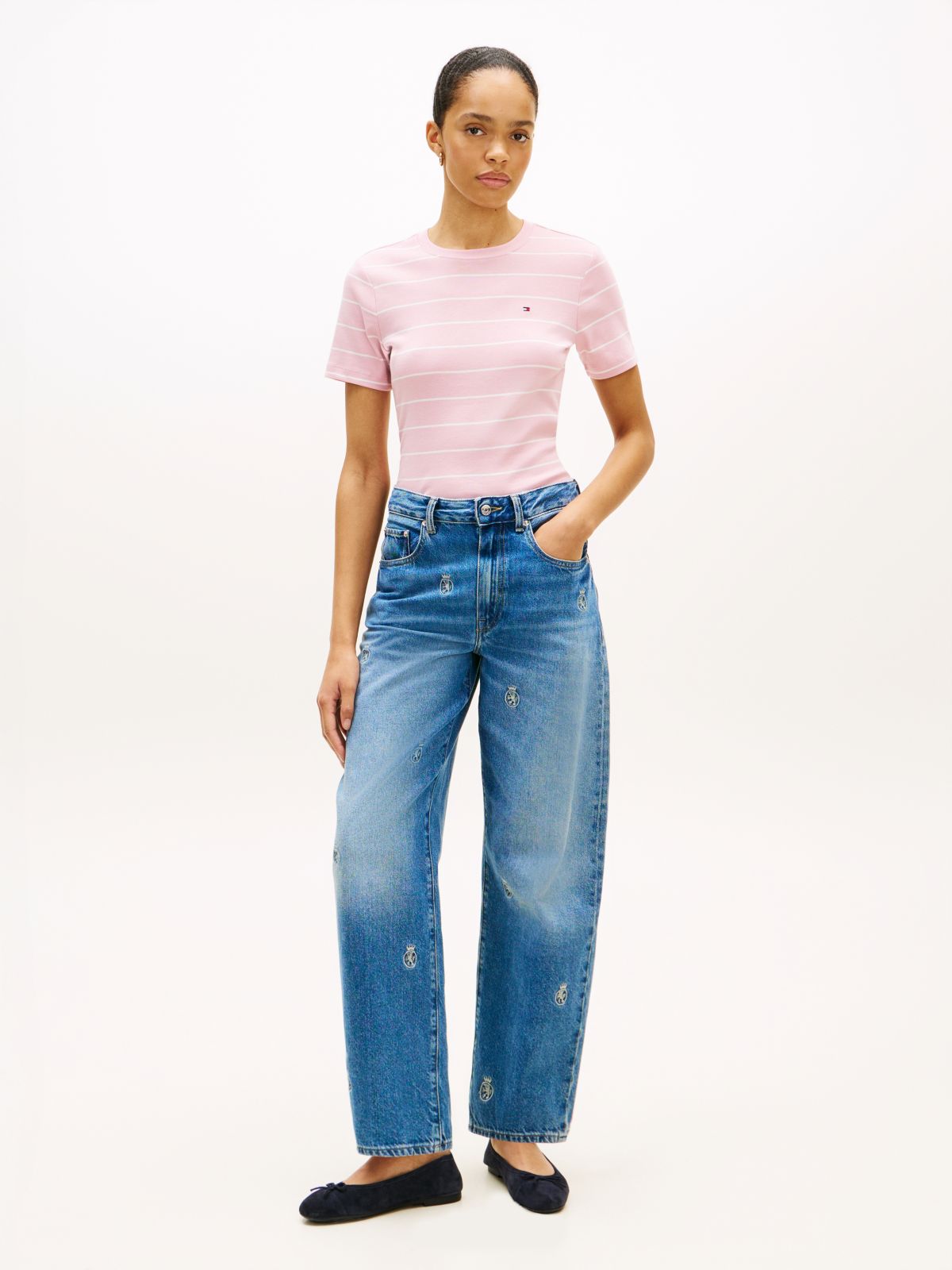 Flag Embroidery Slim Crew Neck T-Shirt — Pink