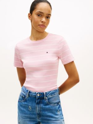 pink t-shirt o wąskim kroju z wyhaftowaną flagą dla kobiety - tommy hilfiger