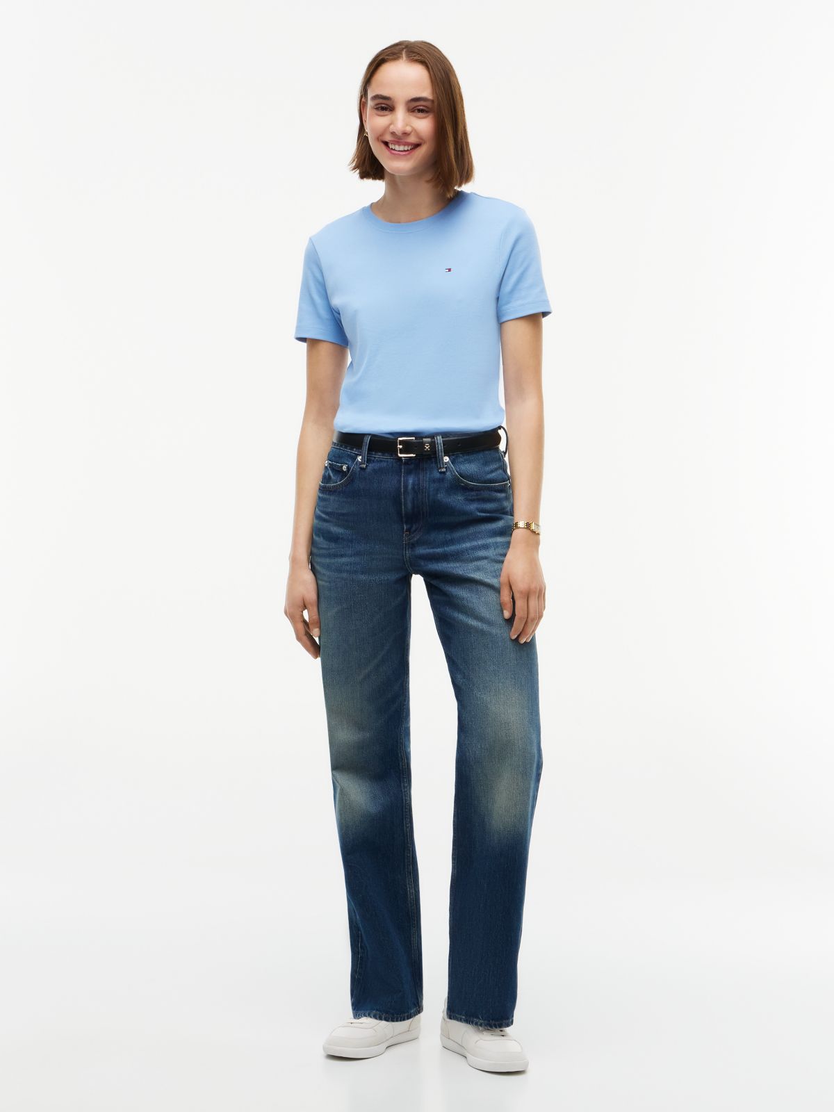 Flag Embroidery Slim Crew Neck T-Shirt — Blue